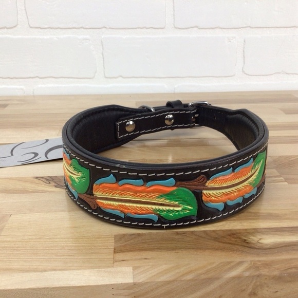 Mad Cow genuine leather jewelry dog collar handmade black green orange design - Picture 1 of 11